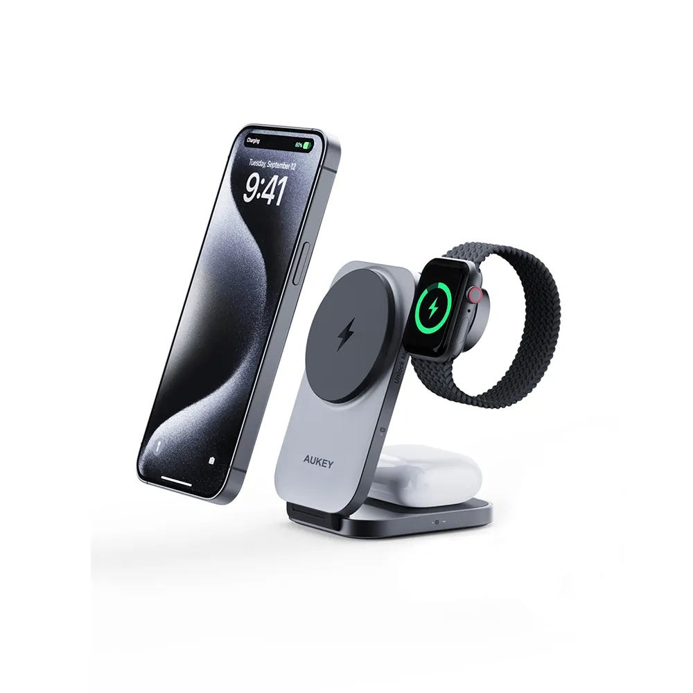AUKEY LC-MC312-GY Gray Foldable 3-in-1 Magnetic Wireless Charger