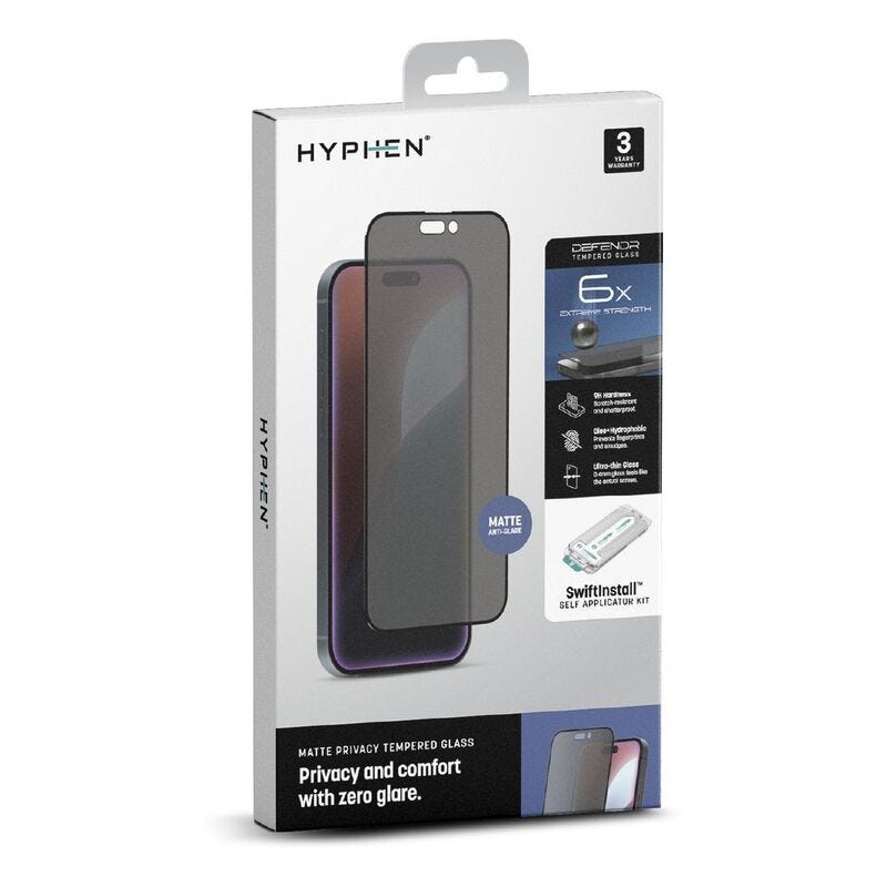 HYPHEN DEFENDR Matte-Privacy Tempered Glass with Applicator - iPhone 16 Plus - 6.7 with GRS Applica