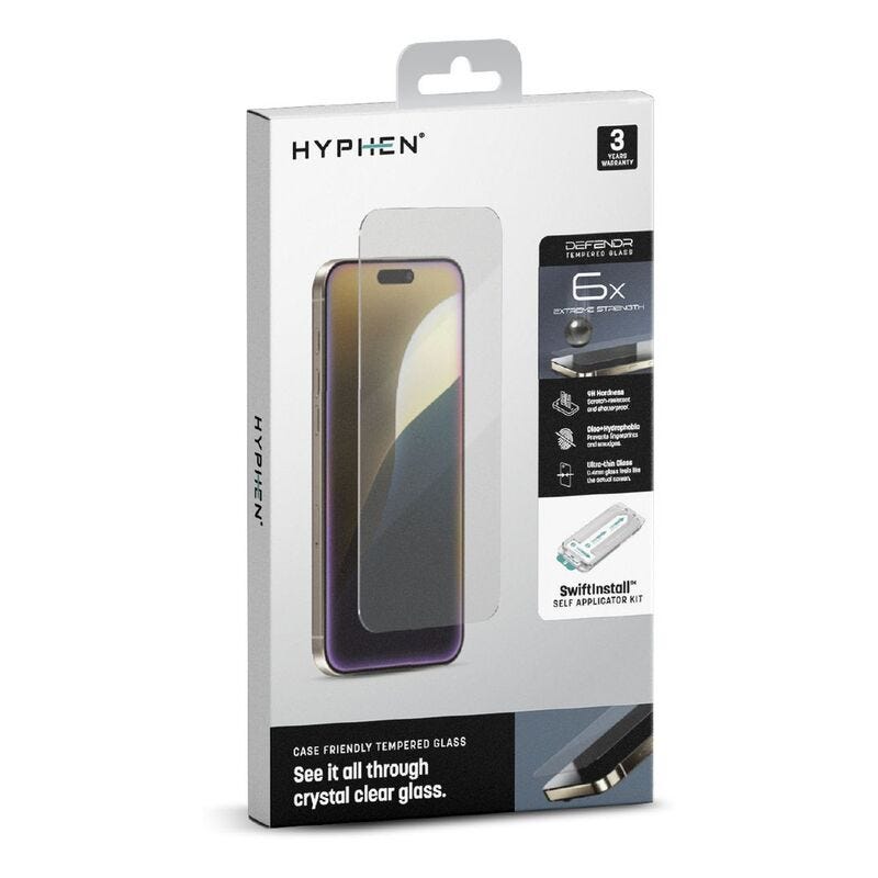 HYPHEN DEFENDR Case Friendly Tempered Glass with Applicator - iPhone 16 - 6.1 with GRS Applicator