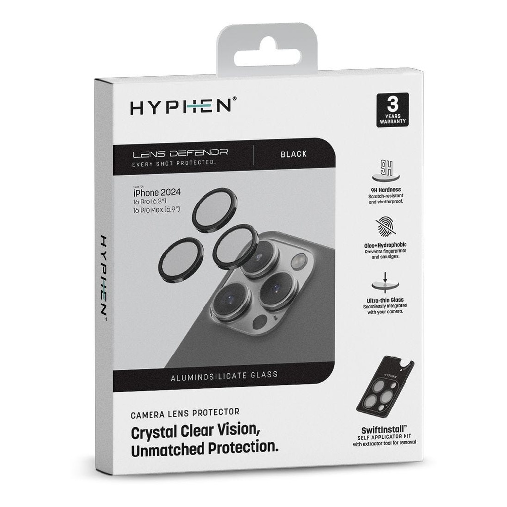 HYPHEN Camera Lens Protector- Black - iPhone 16 Pro/Pro Max with Self Installation Board"