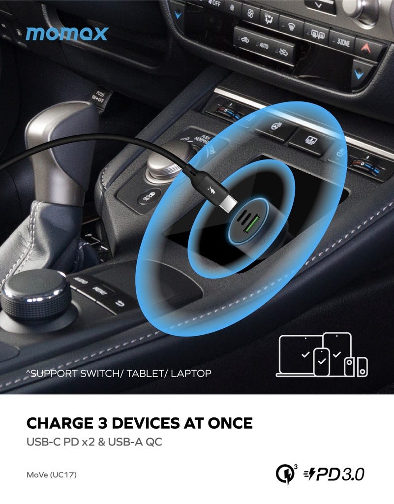 MOMAX MOVE 100W TRIPLE PORT CAR CHARGER