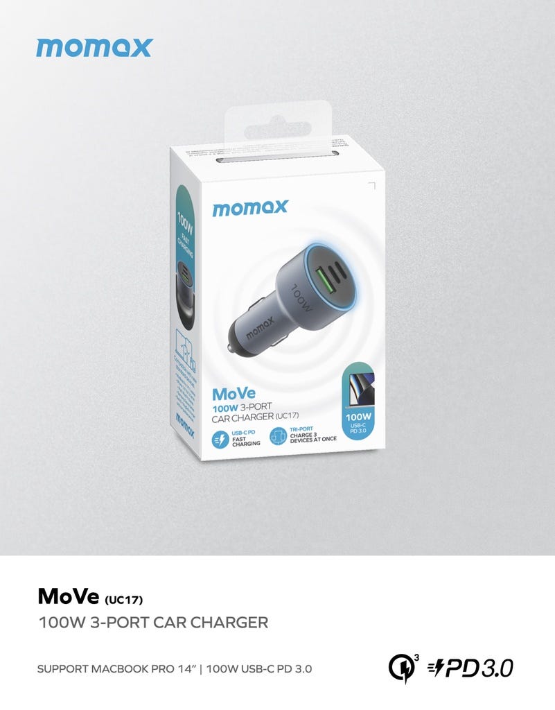 MOMAX MOVE 100W TRIPLE PORT CAR CHARGER