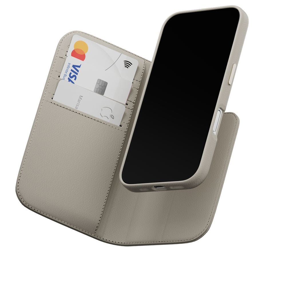MAGEASY 2-in-1 Card Folio MagSafe Leather Flip Phone Case with Stand for 2024 iPhone 16 pro Starlight