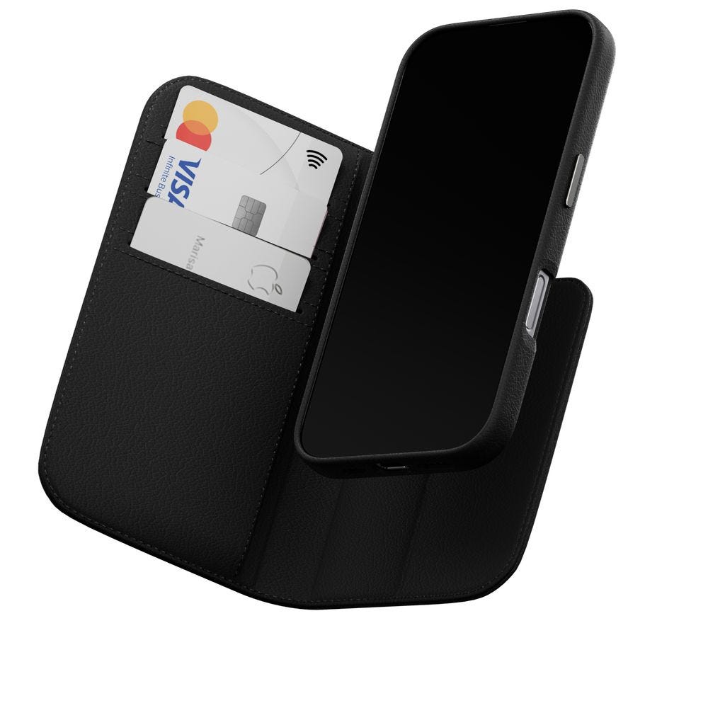 MAGEASY 2-in-1 Card Folio MagSafe Leather Flip Phone Case with Stand for 2024 iPhone 16 pro Black