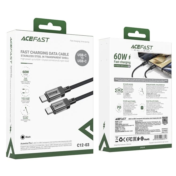 Acefast C12-03 USB-C to USB-C transparent shell stainless steel charging data cable