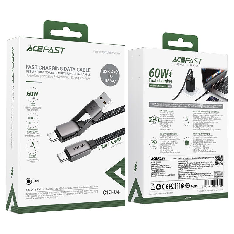 Acefast C13-04 USB-A/USB-C to USB-C zinc alloy connectors charging data cable