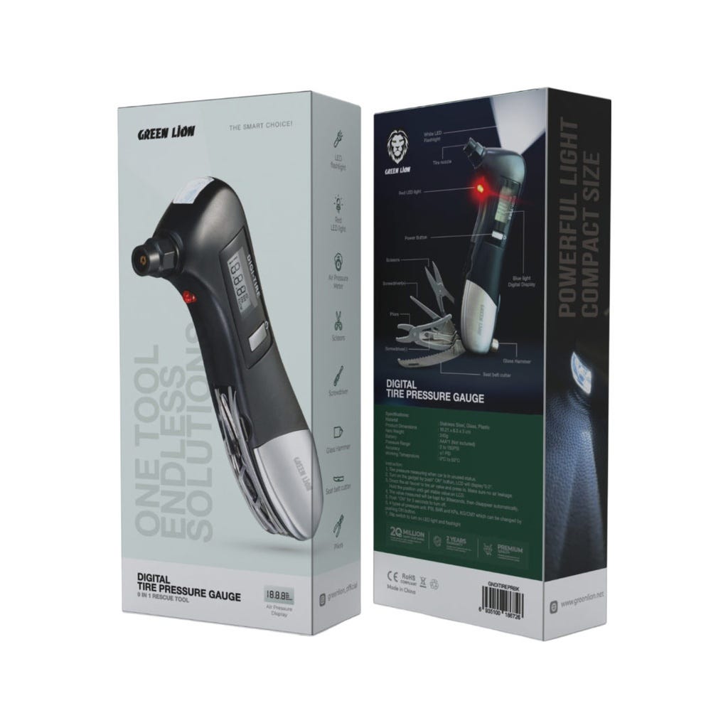 Green Lion Digital Tire Pressure Gauge 9 In 1 Rescue Tool Black