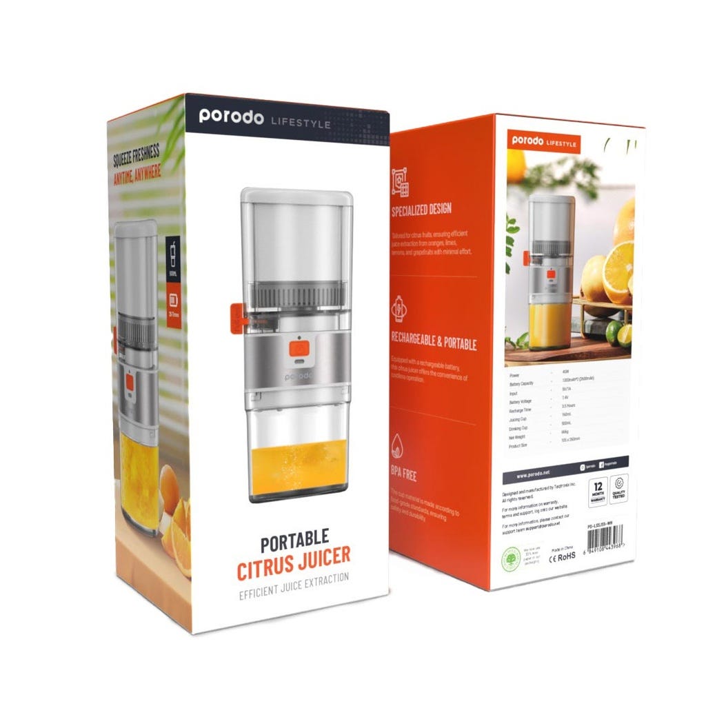 Porodo Lifestyle Portable Citrus Juicer Efficient Juice Extraction White
