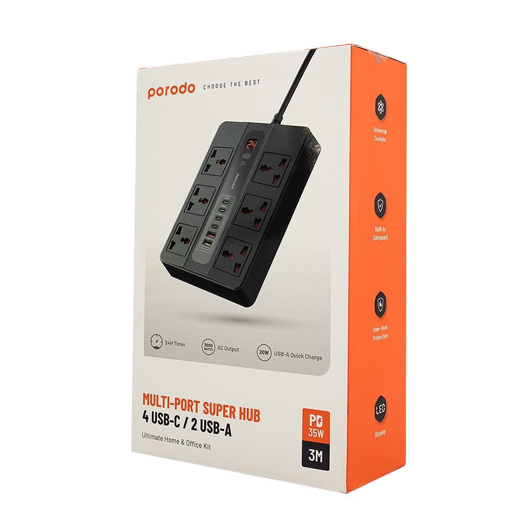 Porodo Multi-Port Super HUB 4 USB-C/ 2 USB-A Ultimate Home & Office Kit 3M Black