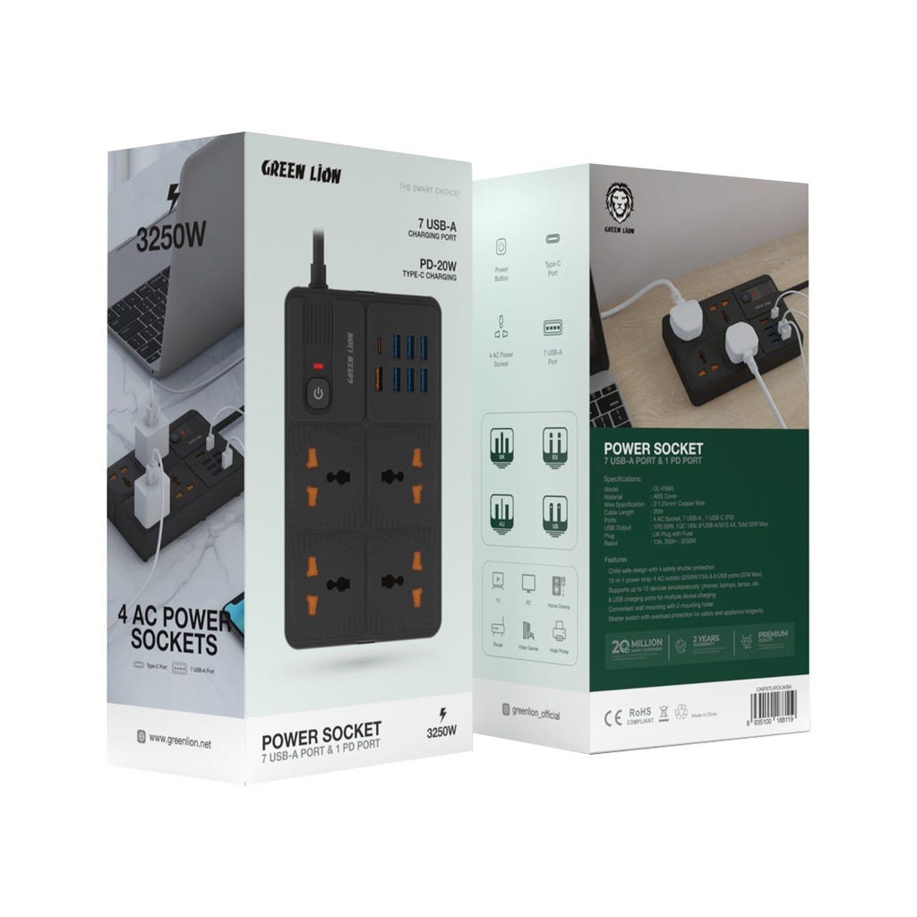 Green Lion Power Socket 7 USB-A Port & 1 PD Port Black