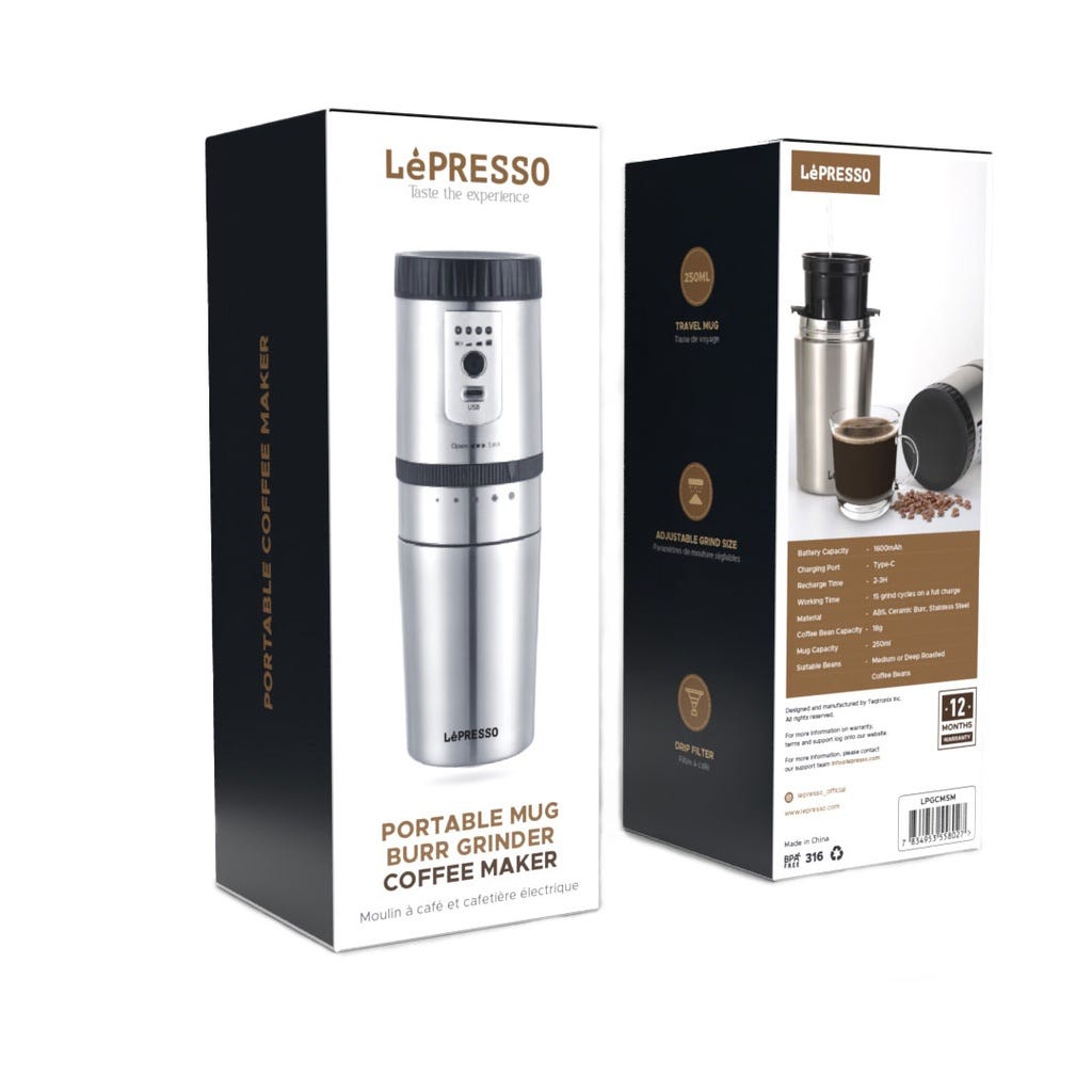 LePresso Portable Mug Burr Grinder Coffee Maker Silver