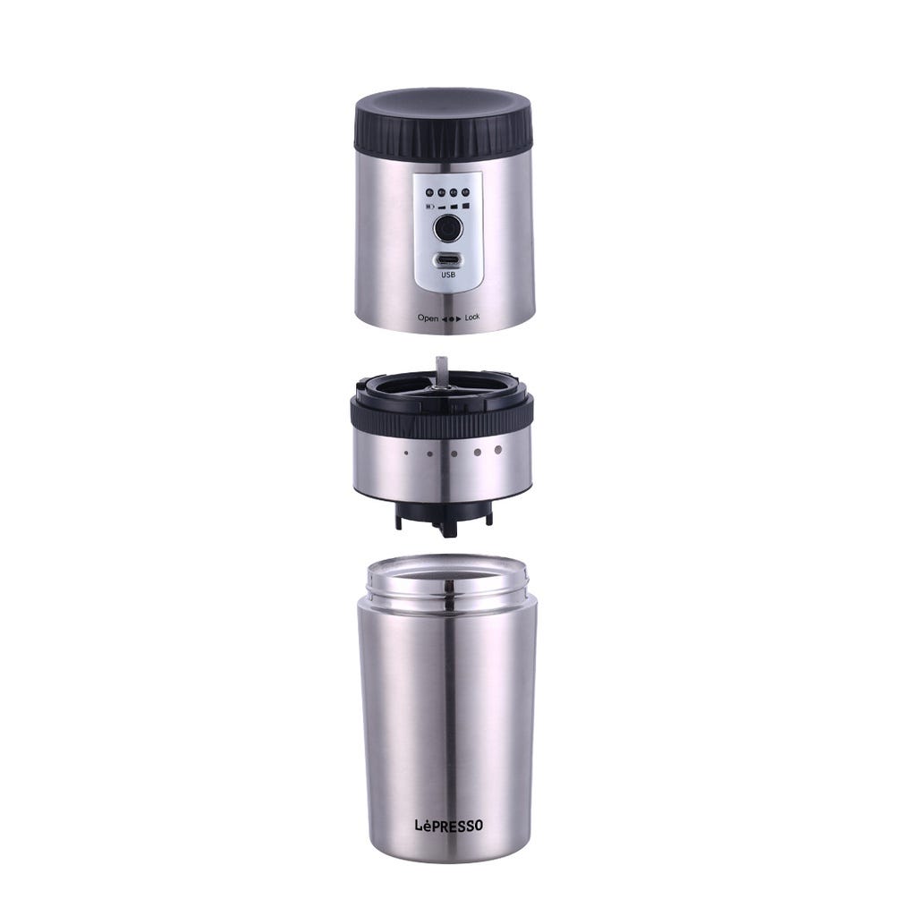 LePresso Portable Mug Burr Grinder Coffee Maker Silver