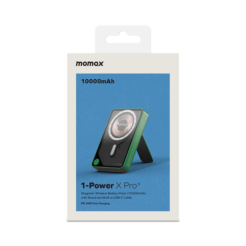 MOMAX 1-POWER X PRO+ 10000mAh MAGNETIC WIRELESS POWER BANK WITH STAND AND BUILT-IN USB-C CABLE (Green)