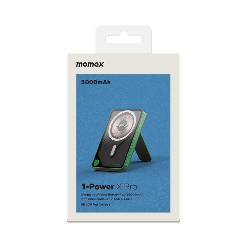 MOMAX 1-POWER X PRO 5000mAh MAGNETIC WIRELESS POWER BANK WITH STAND AND BUILT-IN USB-C CABLE (green)