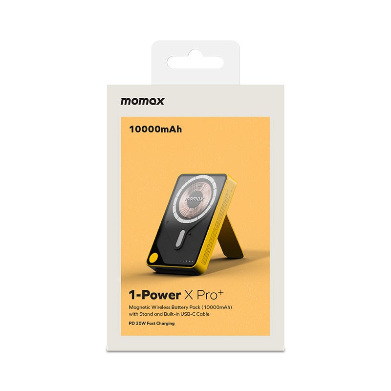 MOMAX 1-POWER X PRO+ 10000mAh MAGNETIC WIRELESS POWER BANK WITH STAND AND BUILT-IN USB-C CABLE (Yellow)