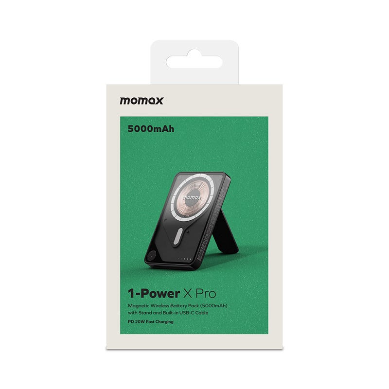 MOMAX 1-POWER X PRO 5000mAh MAGNETIC WIRELESS POWER BANK WITH STAND AND BUILT-IN USB-C CABLE (Black)