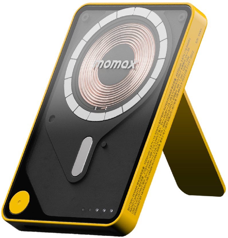 MOMAX 1-POWER X PRO 5000mAh MAGNETIC WIRELESS POWER BANK WITH STAND AND BUILT-IN USB-C CABLE(Yellow)