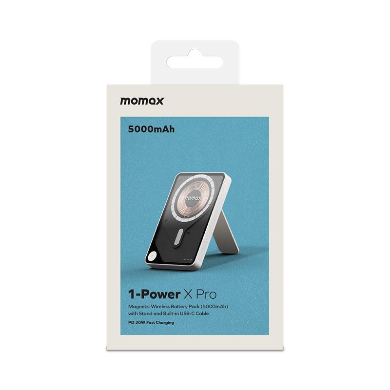 MOMAX 1-POWER X PRO 5000mAh MAGNETIC WIRELESS POWER BANK WITH STAND AND BUILT-IN USB-C CABLE (White)
