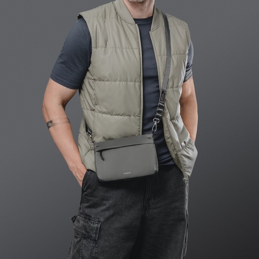 MAGEASY 2L Sacoche Utility Crossbody Bag + Strap Phone Lanyard 20mm-Graphite Black + Concrete Gray