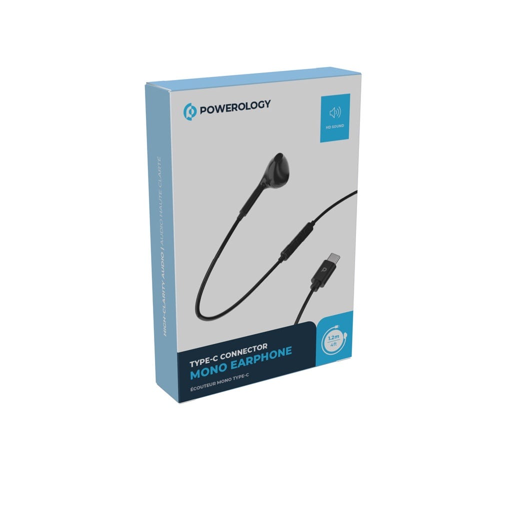 Powerology Type-C Connector Mono Earphone (1.2m/4ft) Black