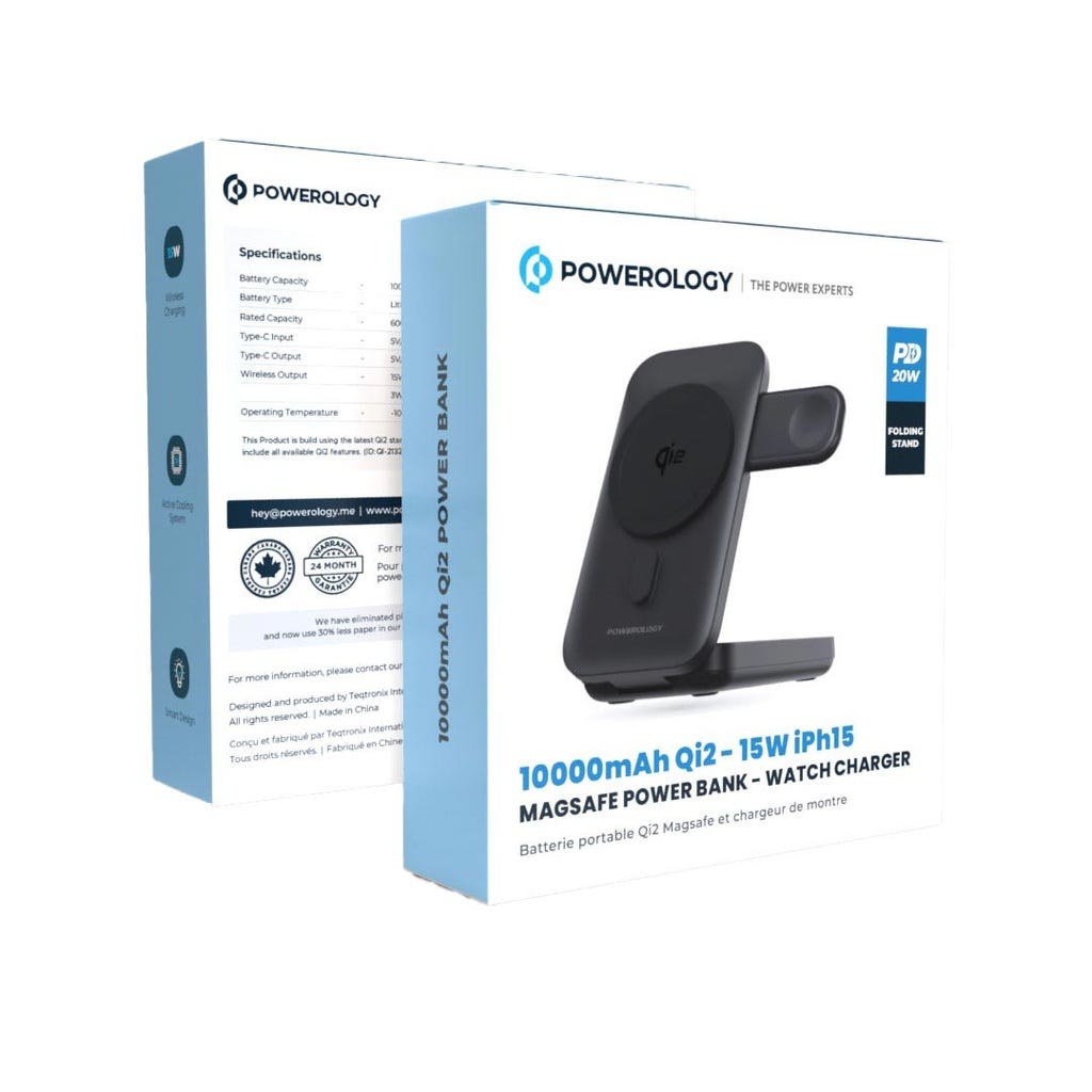 Powerology 10000mAh Qi2 - 15W iPhone 15 Magsafe Powerbank - Watch Charger Black