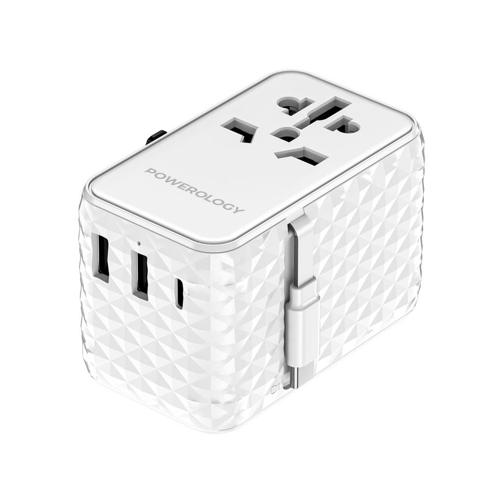 Powerology GaN 20W PD Universal Adapter Retractable Type-C Cable White