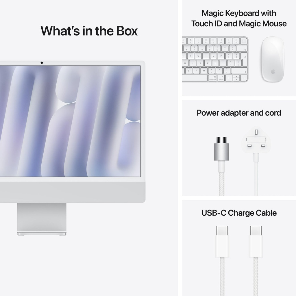 Apple 24-inch iMac with Retina 4.5K M4 chip with 8 core CPU and 8 core GPU, 16GB/256GB Silver