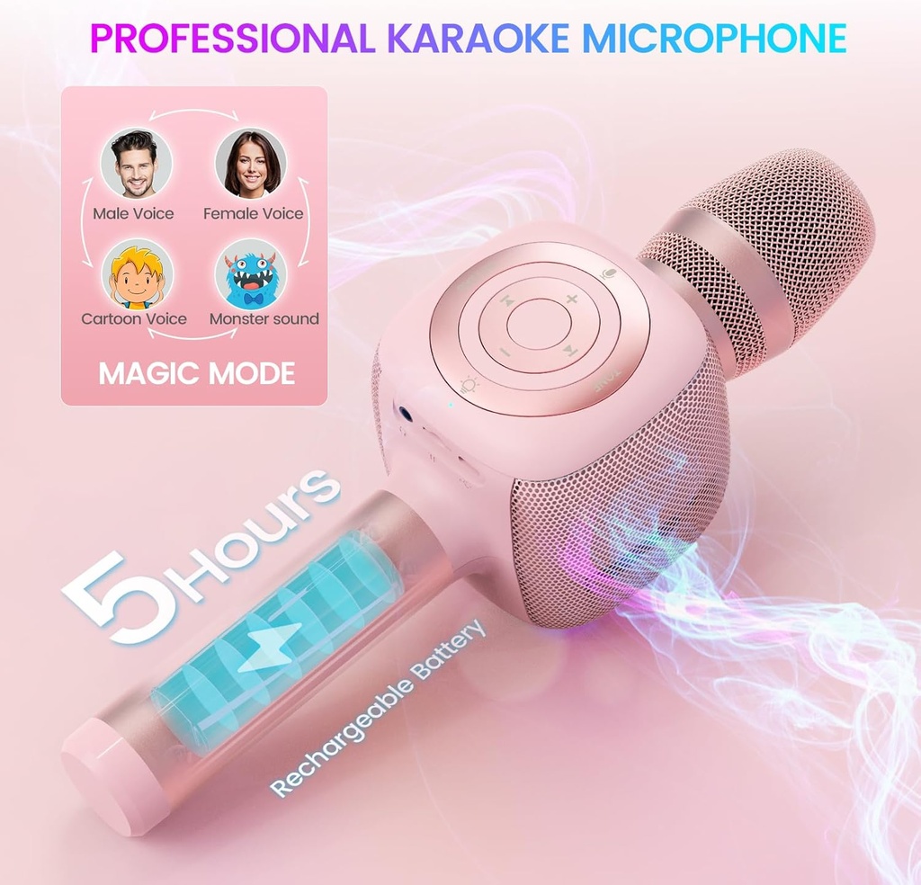 OneOdio Star10 Wireless Bluetooth Karaoke Microphone with Disco Light Pink
