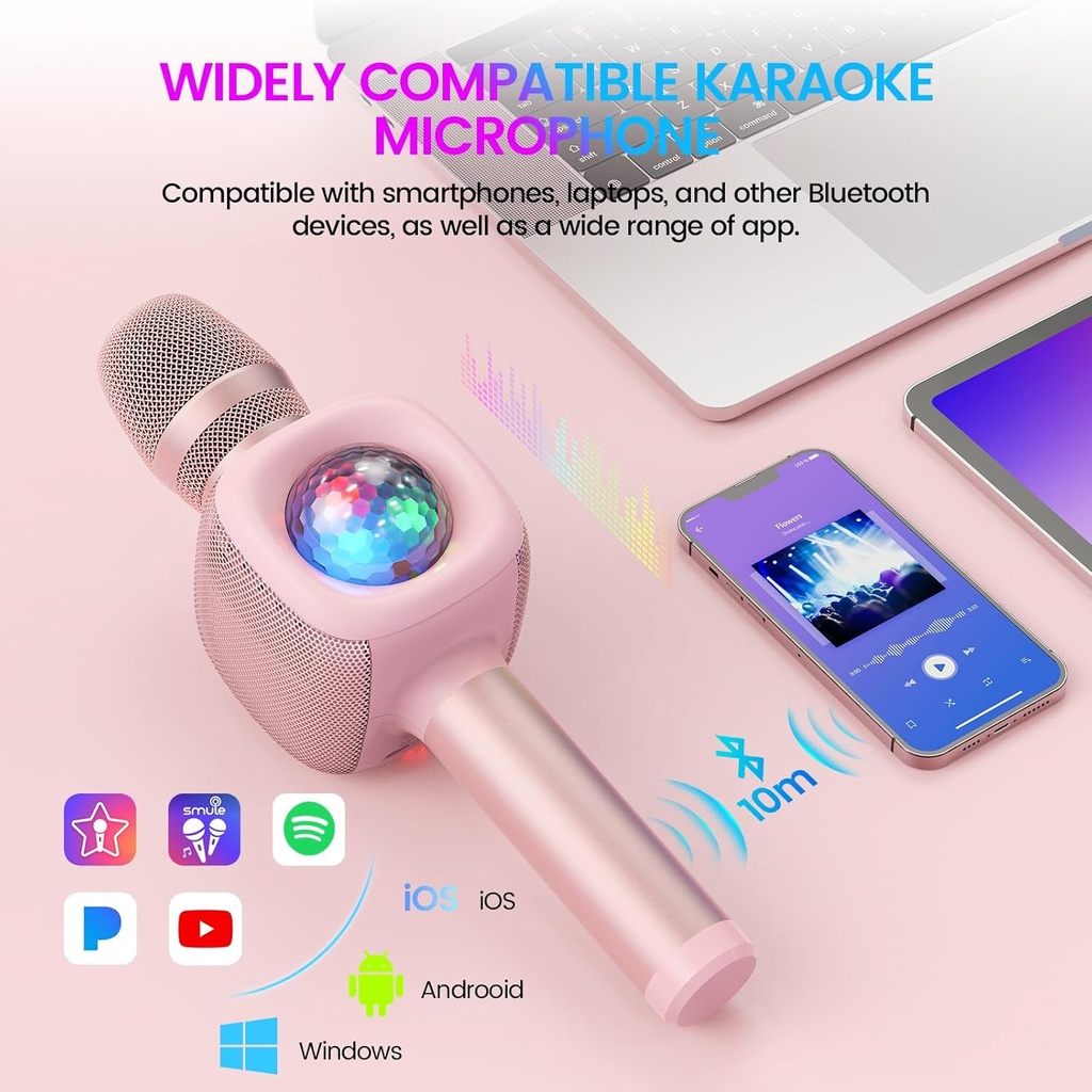 OneOdio Star10 Wireless Bluetooth Karaoke Microphone with Disco Light Pink
