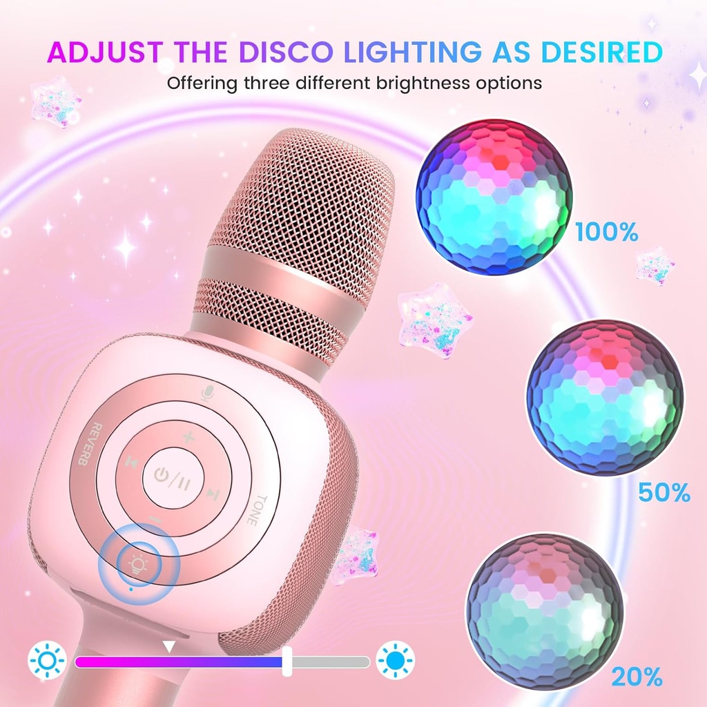 OneOdio Star10 Wireless Bluetooth Karaoke Microphone with Disco Light Pink