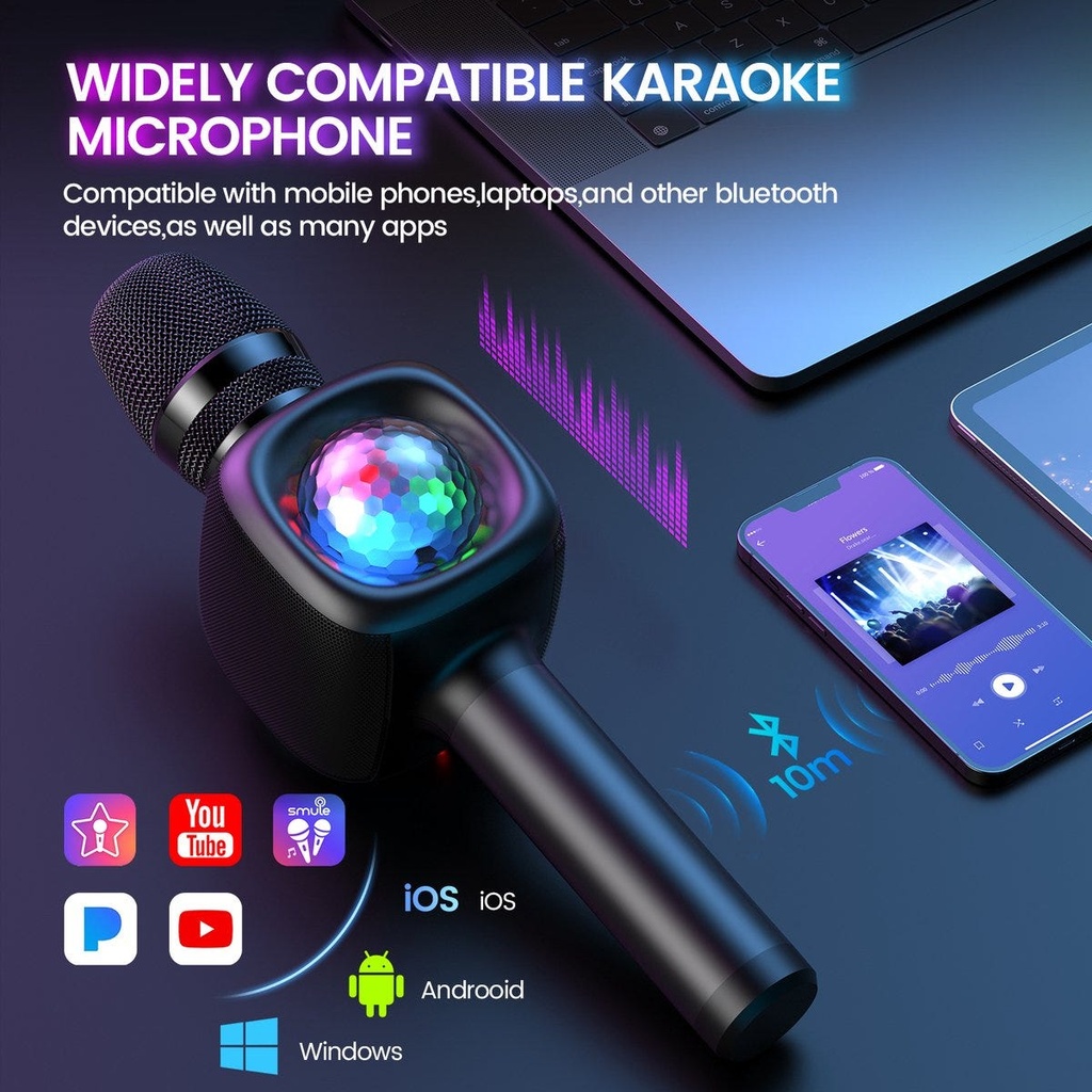 OneOdio Star10 Wireless Bluetooth Karaoke Microphone with Disco Light Black