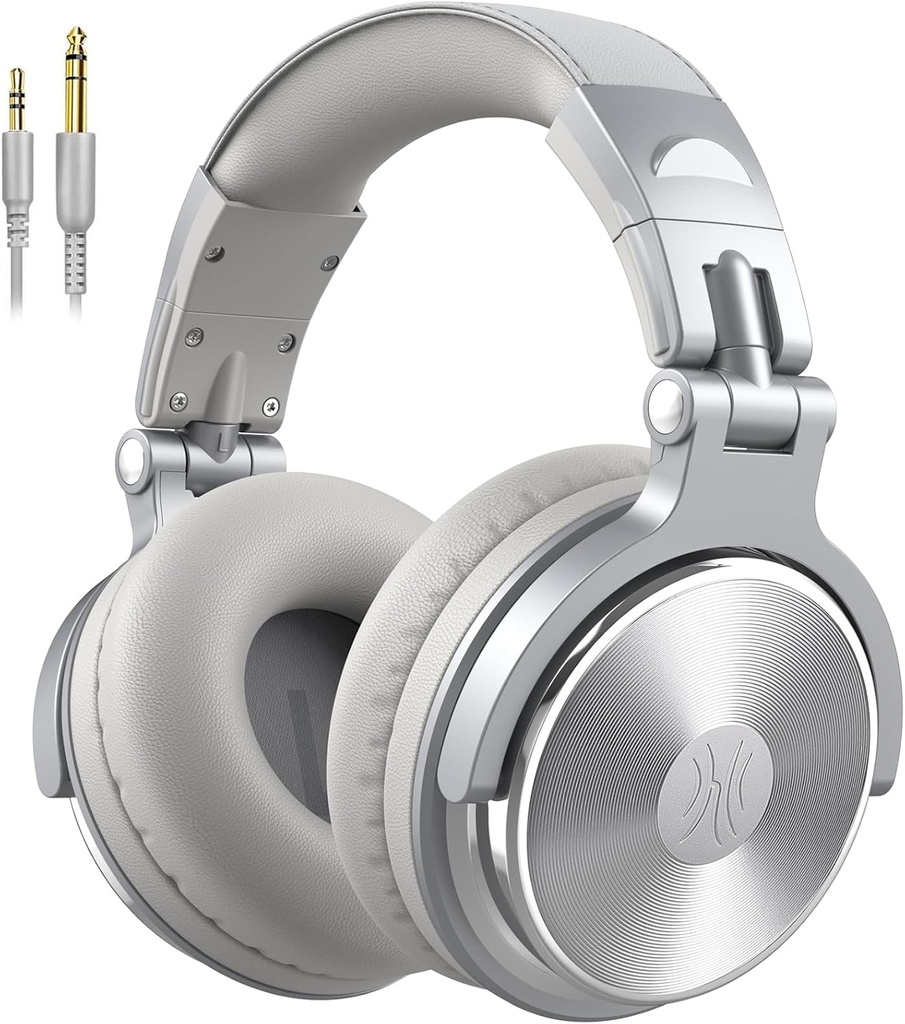 OneOdio Pro-10 Over Ear Headphone, Wired DJ Bass Headsets with 50mm Driver, Foldable Lightweight Silver
