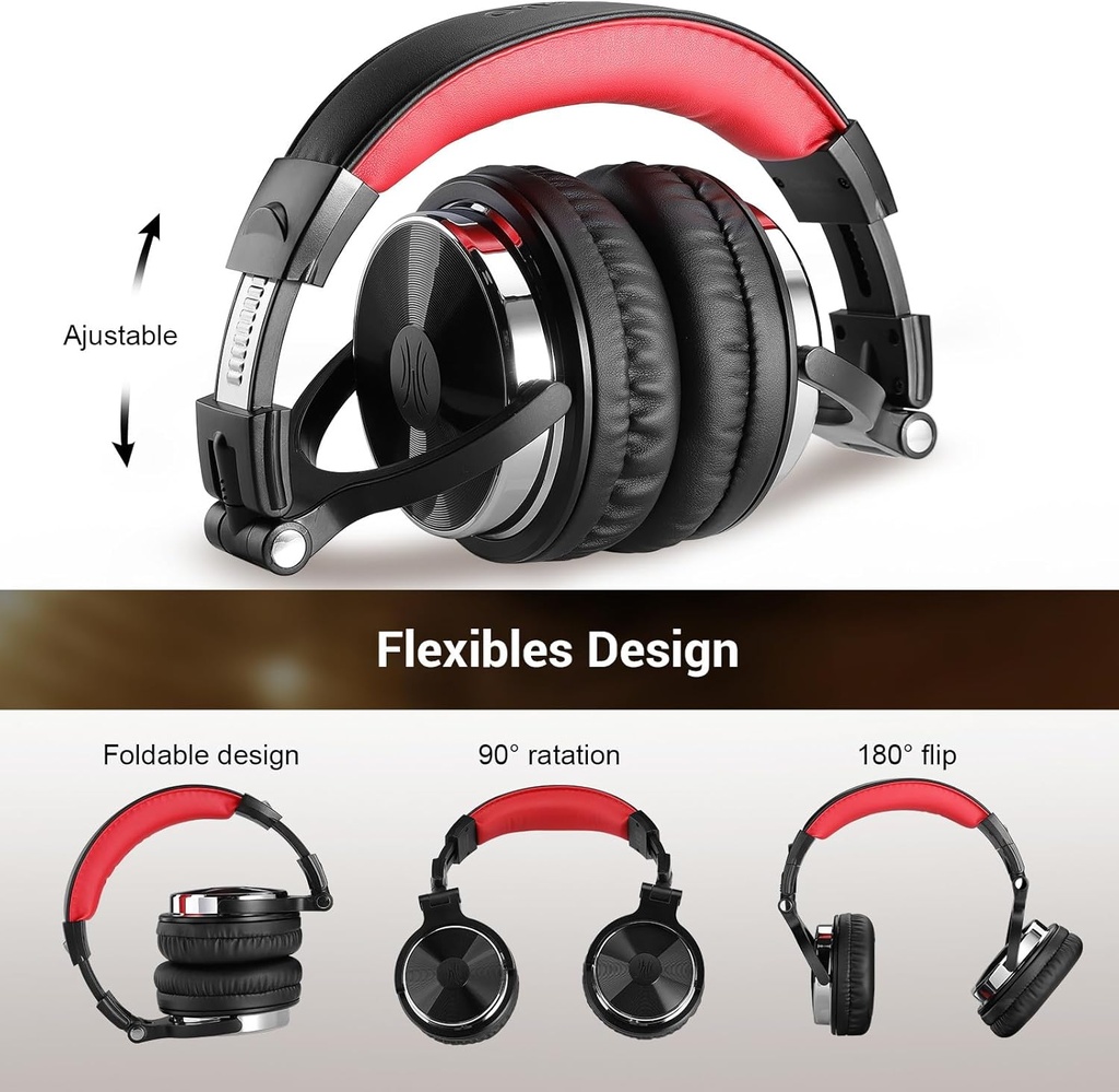 OneOdio Pro-10 Over Ear Headphone, Wired DJ Bass Headsets with 50mm Driver, Foldable Lightweight Black/Red