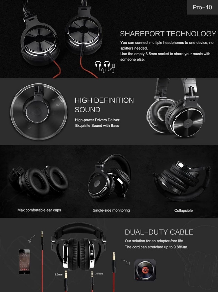 OneOdio Pro-10 Over Ear Headphone, Wired DJ Bass Headsets with 50mm Driver, Foldable Lightweight Black