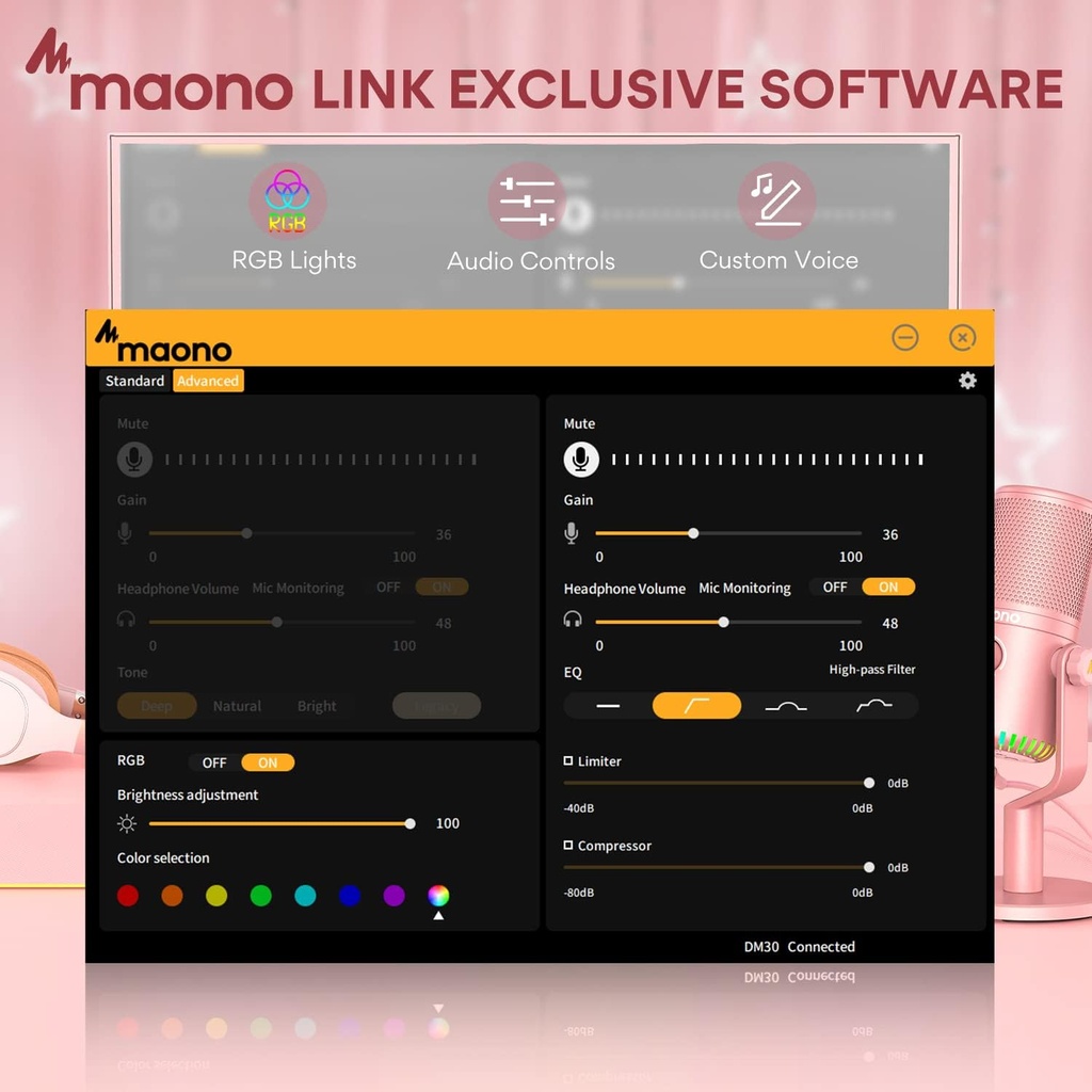 MAONO DM30-RGB PROGRAMMABLE CONDENSER USB MICROPHON RGB - PINK