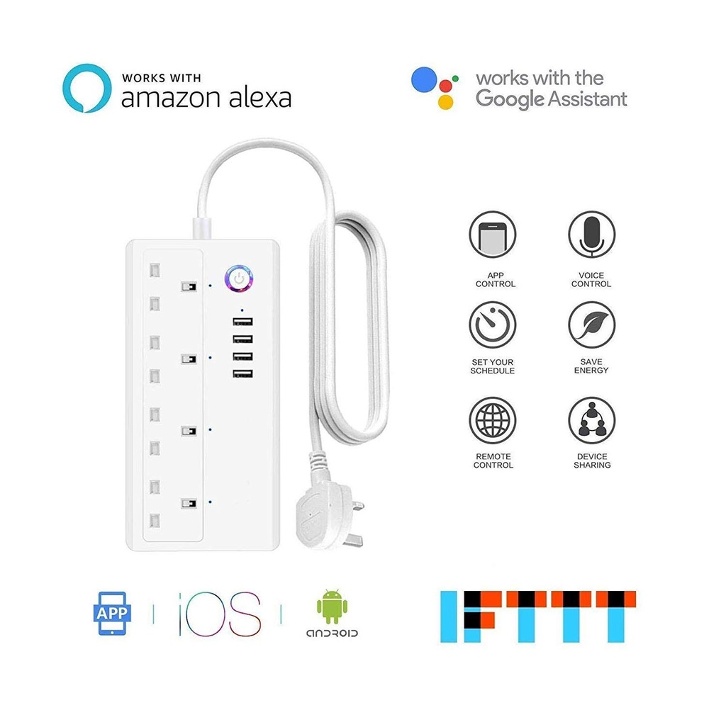 Smart WiFi Plug, Power Extension With 4 AC Outlets And 4 USB Ports - White