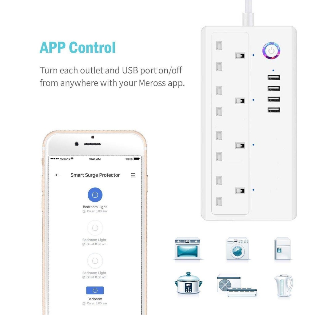 Smart WiFi Plug, Power Extension With 4 AC Outlets And 4 USB Ports - White