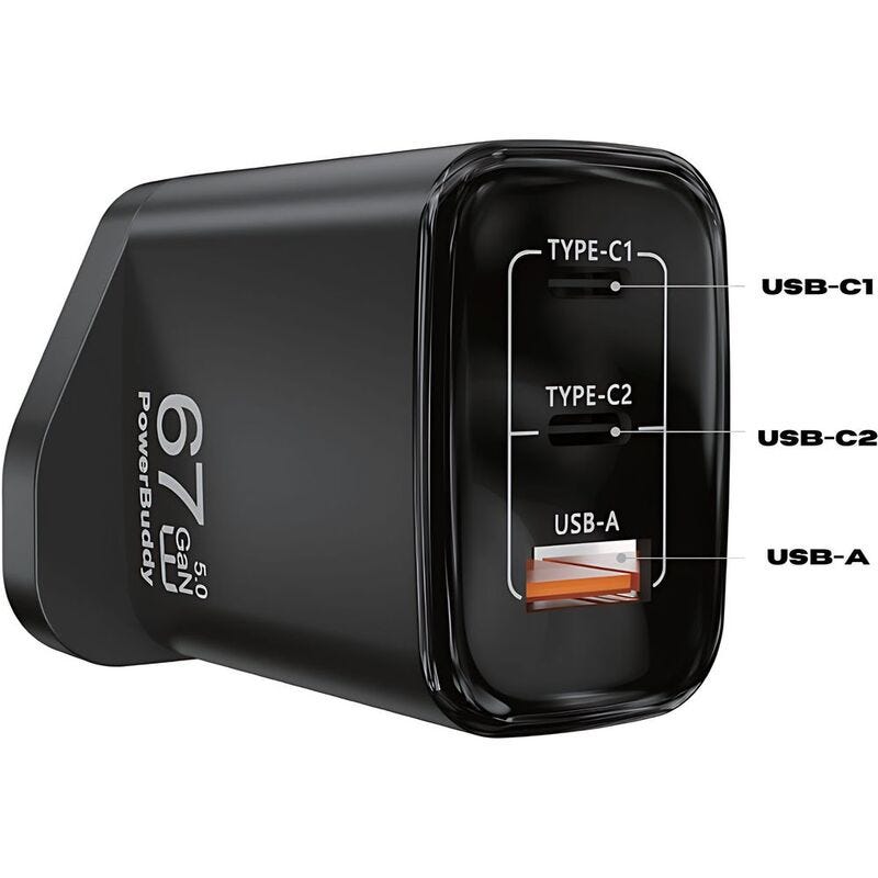 PowerBuddy 5.0 GaN Compact Wall Charger 67W 3 Port, 1 USB-A 2 USB-C, UK-Black
