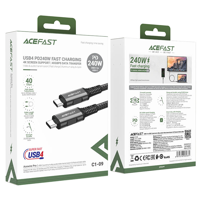 Acefast C1-09 USB-C to USB-C aluminum alloy audio/video transmission full-featured data cable