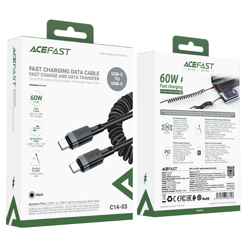 Acefast C14-03 USB-C to USB-C spring charging data cable