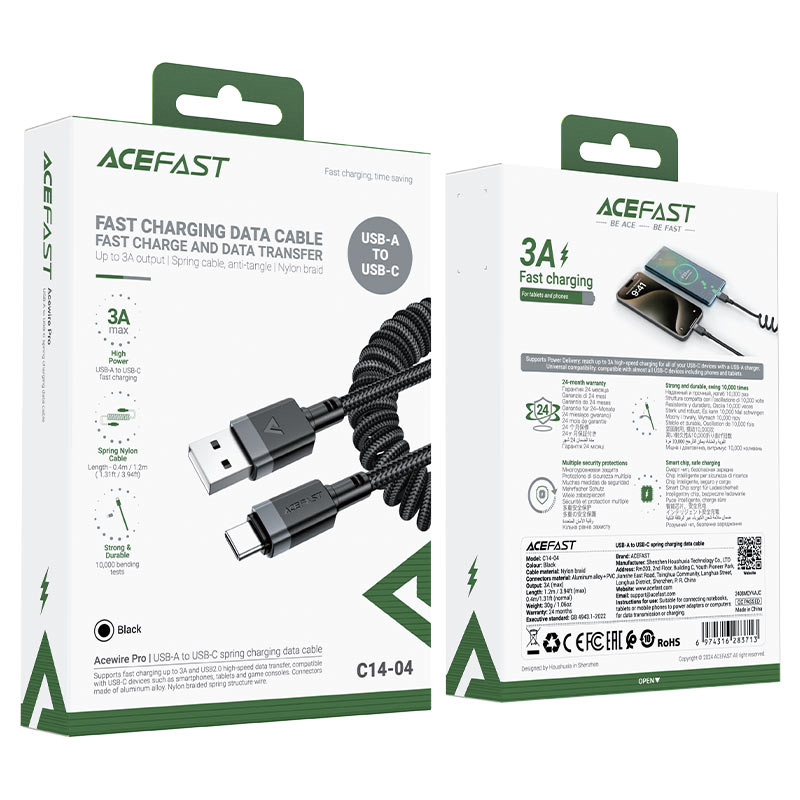 Acefast C14-04 USB-A to USB-C spring charging data cable