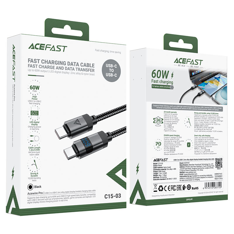 Acefast C15-03 USB-C to USB-C zinc alloy digital display braided charging data cable