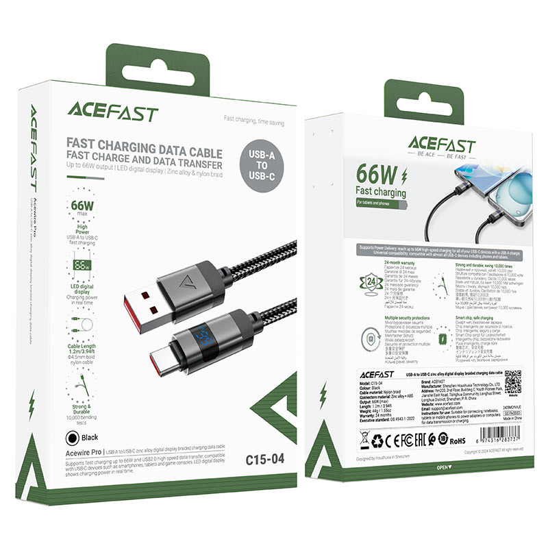 Acefast C15-04 USB-A to USB-C zinc alloy digital display braided charging data cable