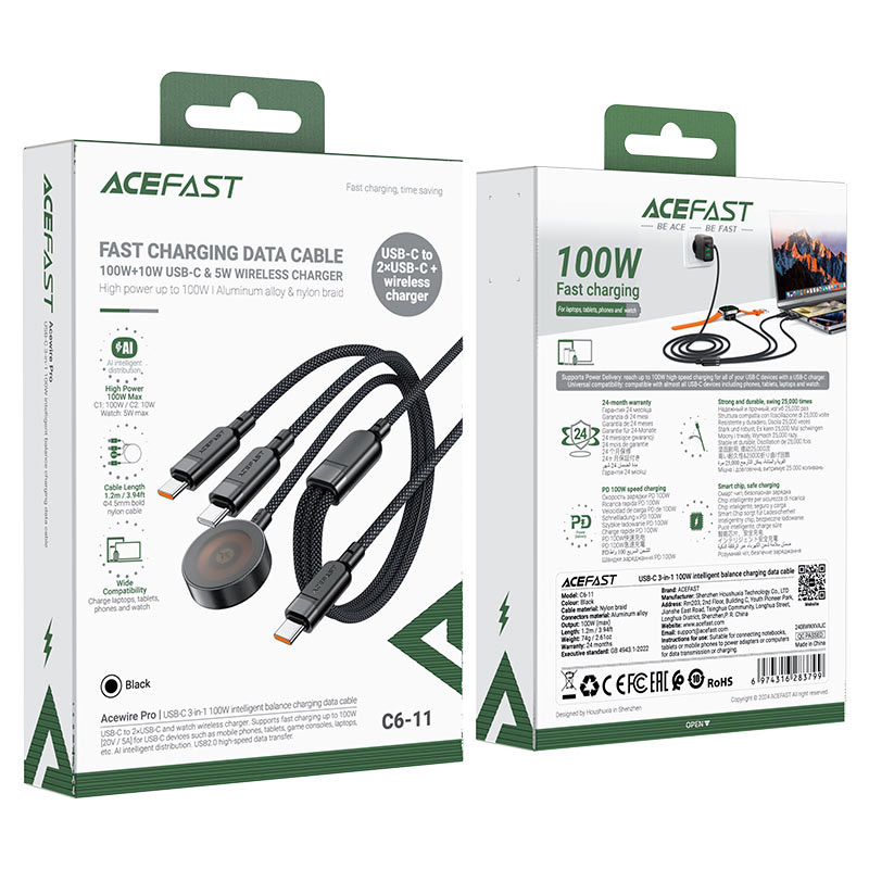 Acefast C6-11 USB-C 3-in-1 100W intelligent balance charging data cable
