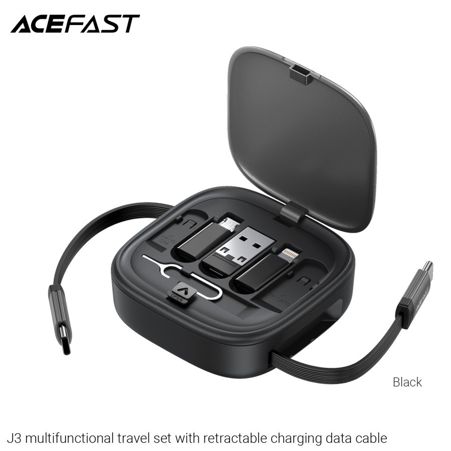 Acefast J3 multifunctional travel set with retractable charging data cable, Black