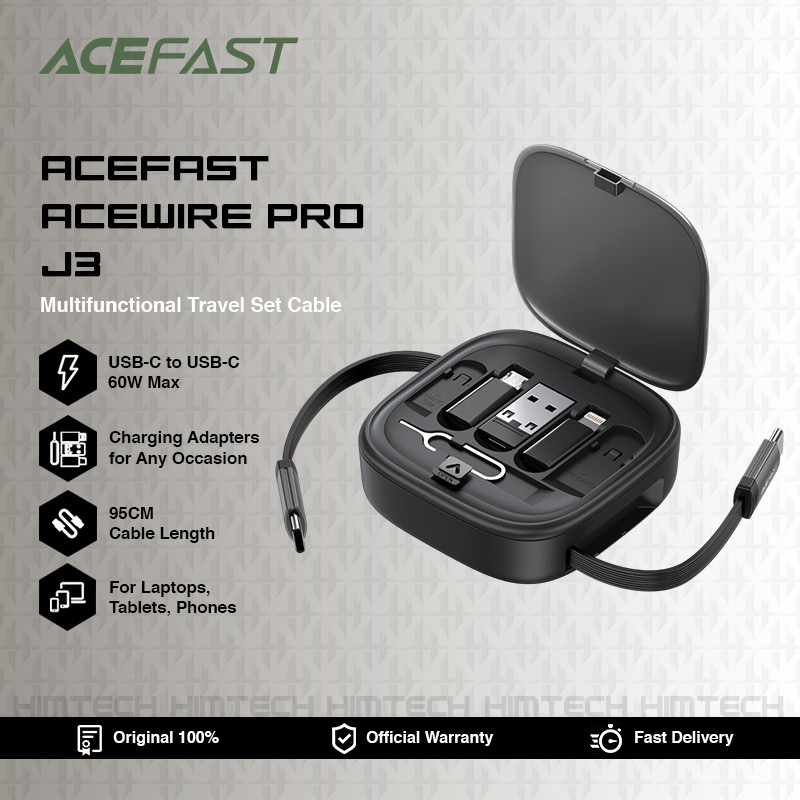Acefast J3 multifunctional travel set with retractable charging data cable, Black