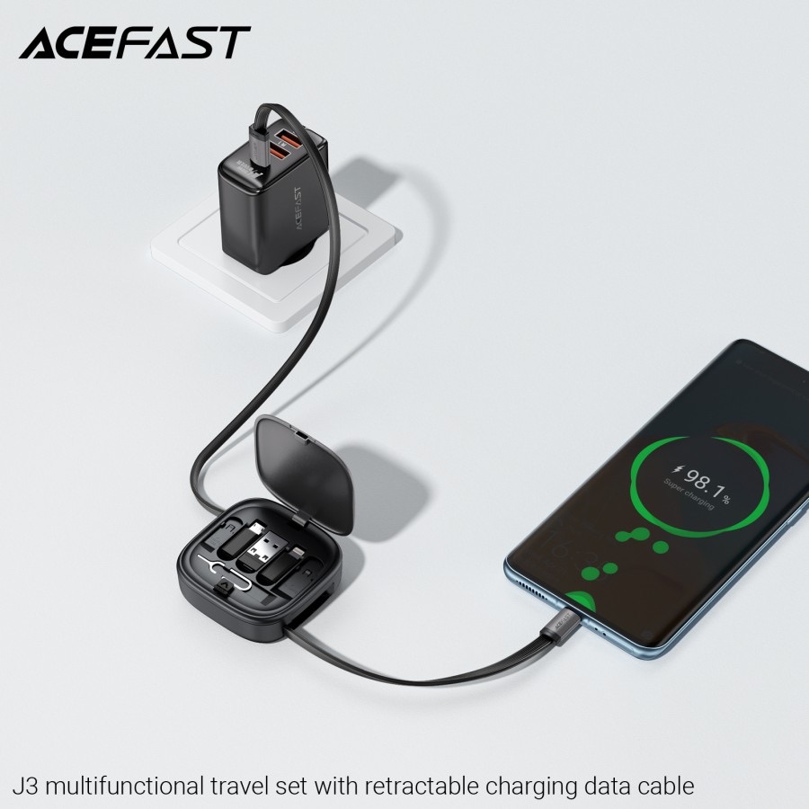Acefast J3 multifunctional travel set with retractable charging data cable, Black