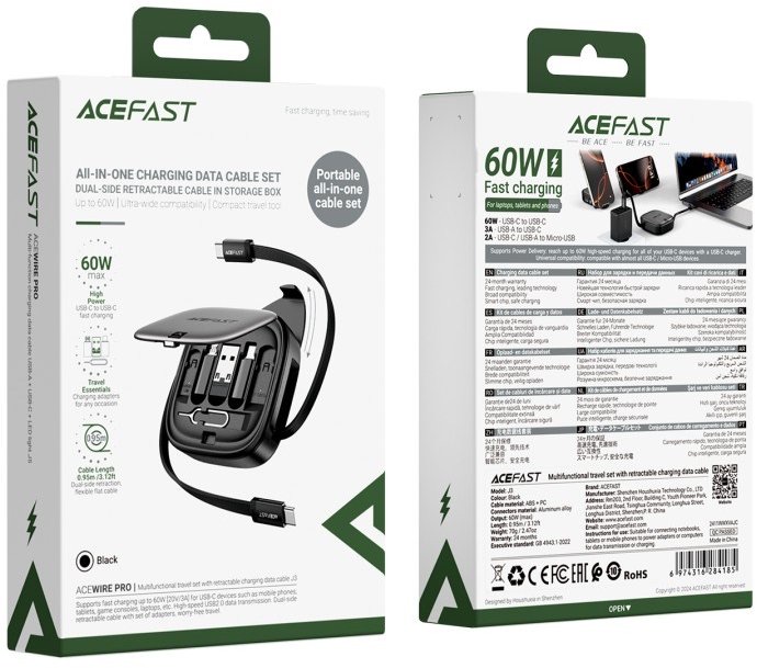 Acefast J3 multifunctional travel set with retractable charging data cable, Black