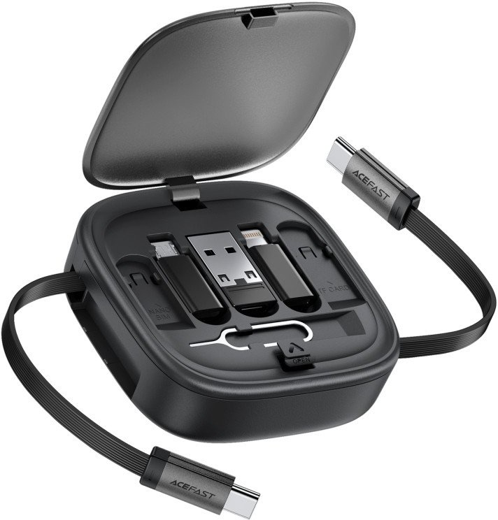 Acefast J3 multifunctional travel set with retractable charging data cable, Black