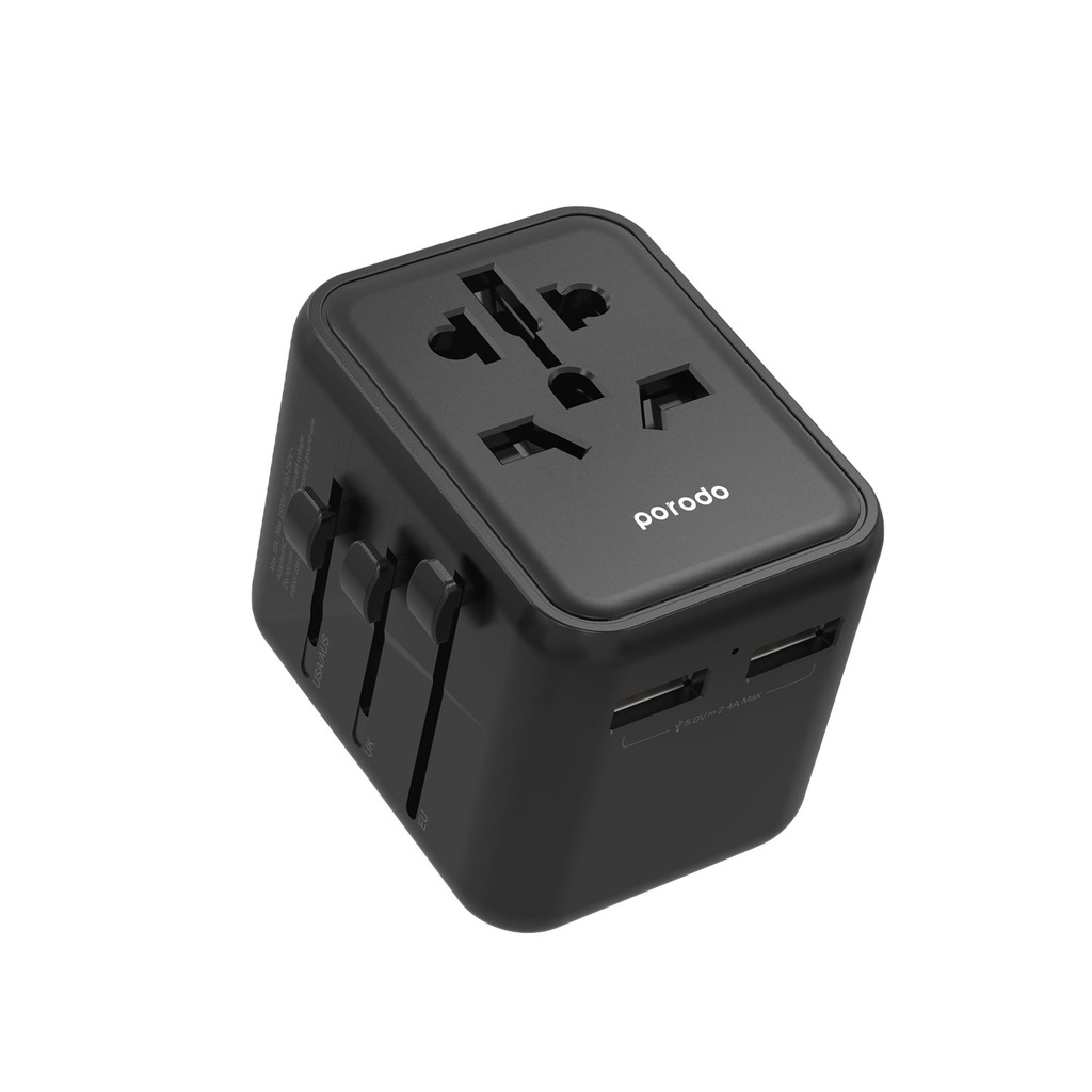 Porodo Dual USB-A Universal Travel Adapter 2.4A ,Black